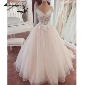 Lakshmigown V Neck Lace Beadings Bridal Off White Wedding Dress with Cap Sleeve 2025 Wedding Gown for Women Robe de mariee