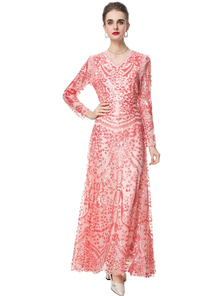 Lara V-Neck Long Sleeves Ruffles Vintage Party Mesh Dress