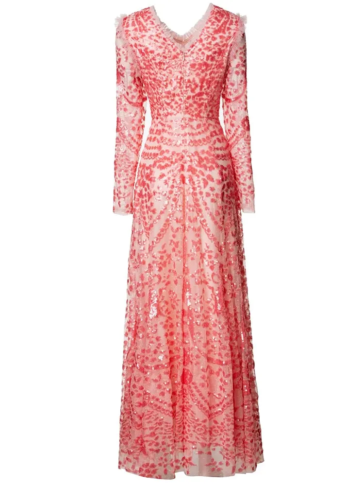 Lara V-Neck Long Sleeves Ruffles Vintage Party Mesh Dress