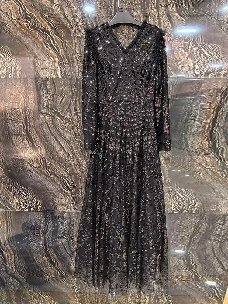 Lara V-Neck Long Sleeves Ruffles Vintage Party Mesh Dress