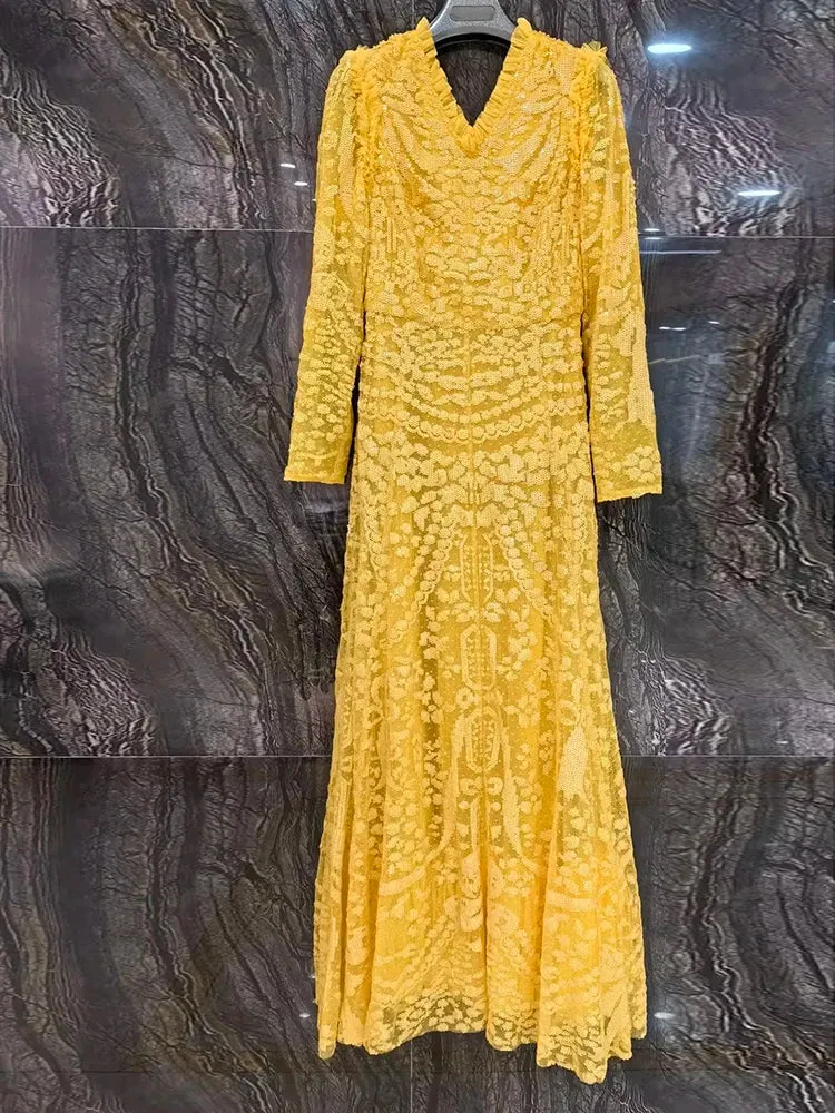 Lara V-Neck Long Sleeves Ruffles Vintage Party Mesh Dress