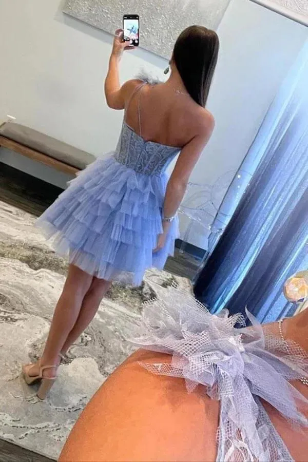 Lavender A-line One Shoulder Layered Skirt Lace Homecoming Dresses, MH625
