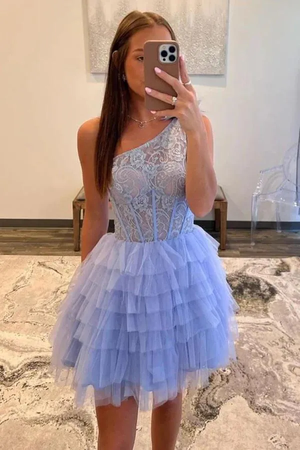Lavender A-line One Shoulder Layered Skirt Lace Homecoming Dresses, MH625