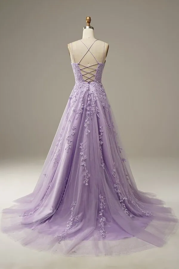 Lavender Lace Appliques A-line Long Prom Dress