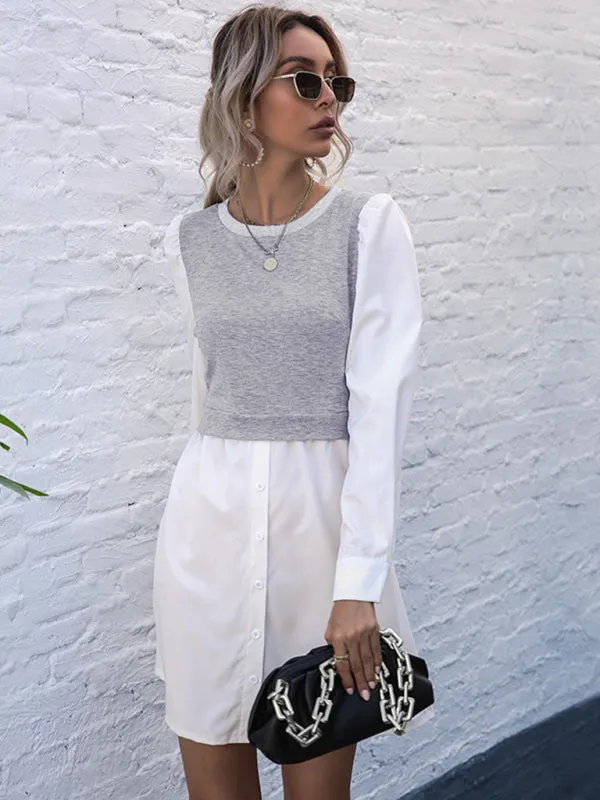 Layered Mini Dress with Button-Down Front and Long Sleeves