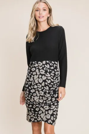 Leopard Color Block Knit Dress – Animal Print Knit Dress, Color Block Sweater Dress, Casual Knit Dress, Fall Fashion Knit Dress, Cozy Long Sleeve Dress