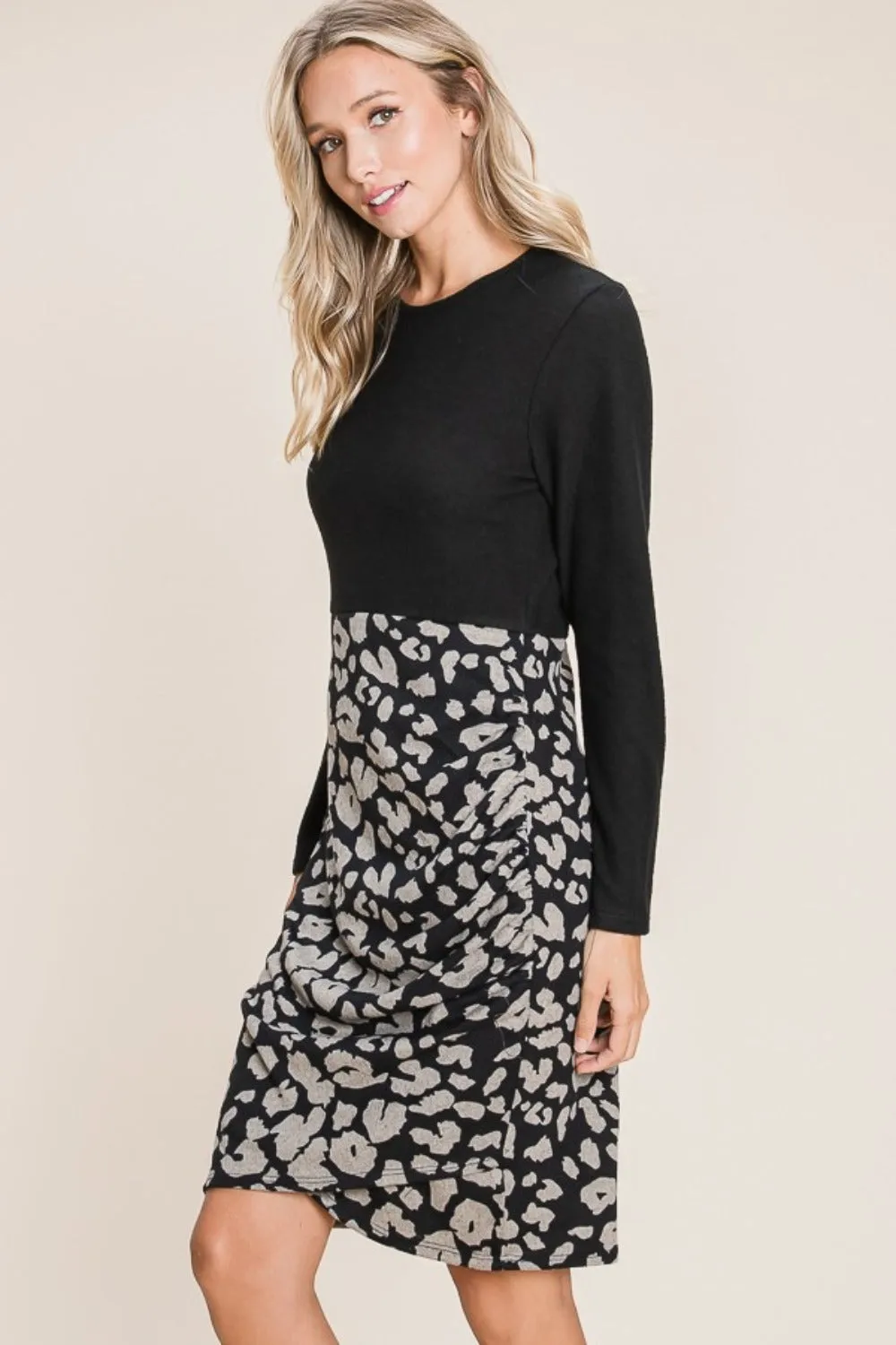 Leopard Color Block Knit Dress – Animal Print Knit Dress, Color Block Sweater Dress, Casual Knit Dress, Fall Fashion Knit Dress, Cozy Long Sleeve Dress