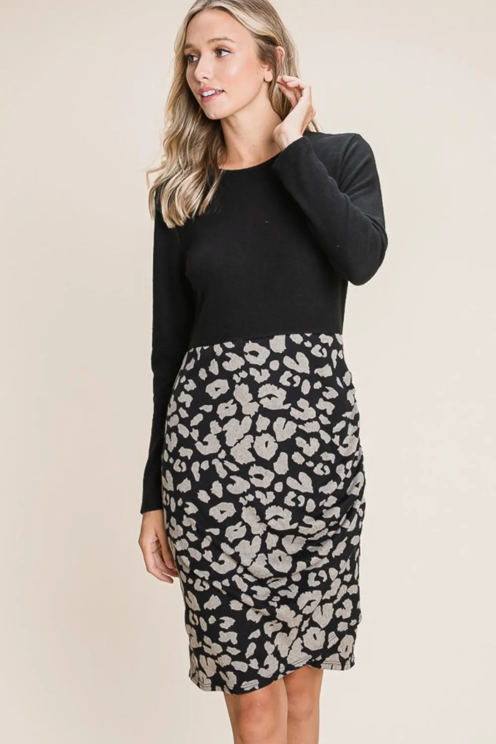 Leopard Color Block Knit Dress – Animal Print Knit Dress, Color Block Sweater Dress, Casual Knit Dress, Fall Fashion Knit Dress, Cozy Long Sleeve Dress