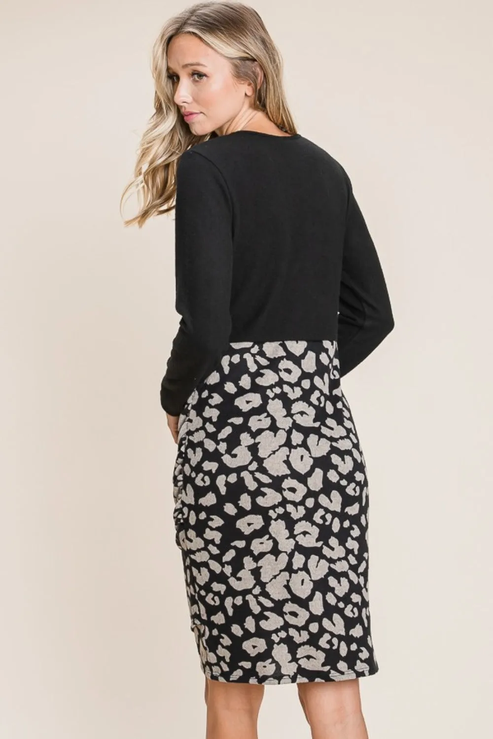 Leopard Color Block Knit Dress – Animal Print Knit Dress, Color Block Sweater Dress, Casual Knit Dress, Fall Fashion Knit Dress, Cozy Long Sleeve Dress