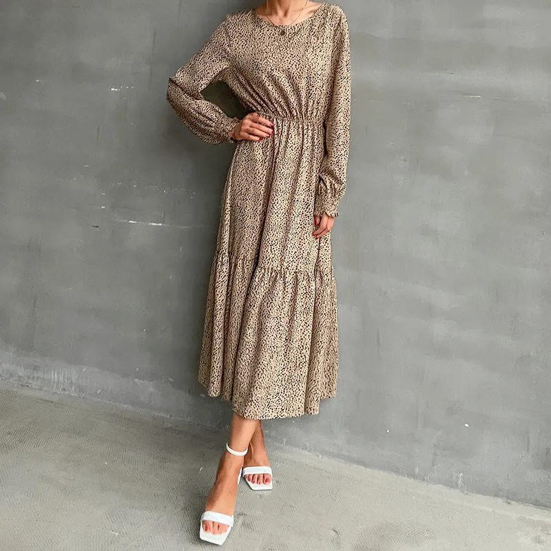 Leopard Print Midi Dress with Long Sleeves and Tiered Skirt