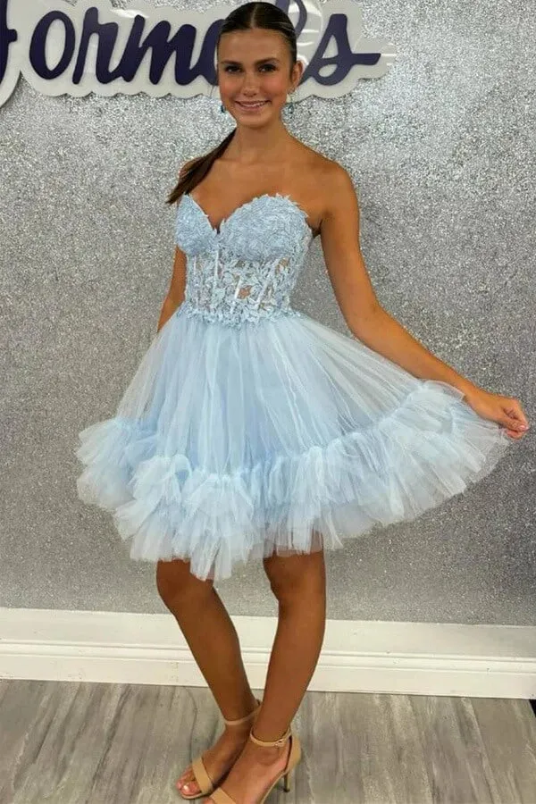 Light Blue A-line Sweetheart Lace Homecoming Dresses With Ruffles, MH648