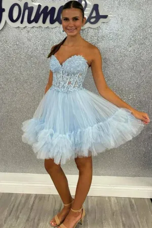 Light Blue A-line Sweetheart Lace Homecoming Dresses With Ruffles, MH648