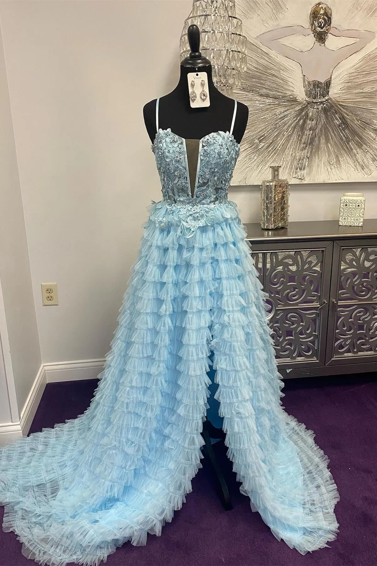 Light Blue Appliques Tiered Prom Dress
