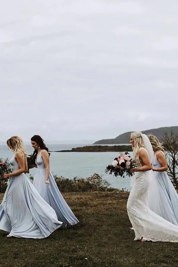 Light Blue Chiffon A-line V-neck Long Bridesmaid Dresses With Slit, MBD206