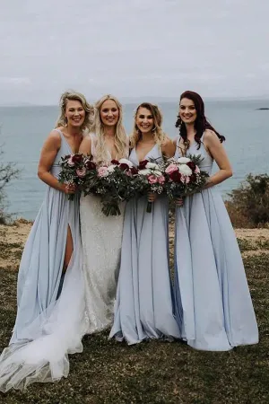 Light Blue Chiffon A-line V-neck Long Bridesmaid Dresses With Slit, MBD206