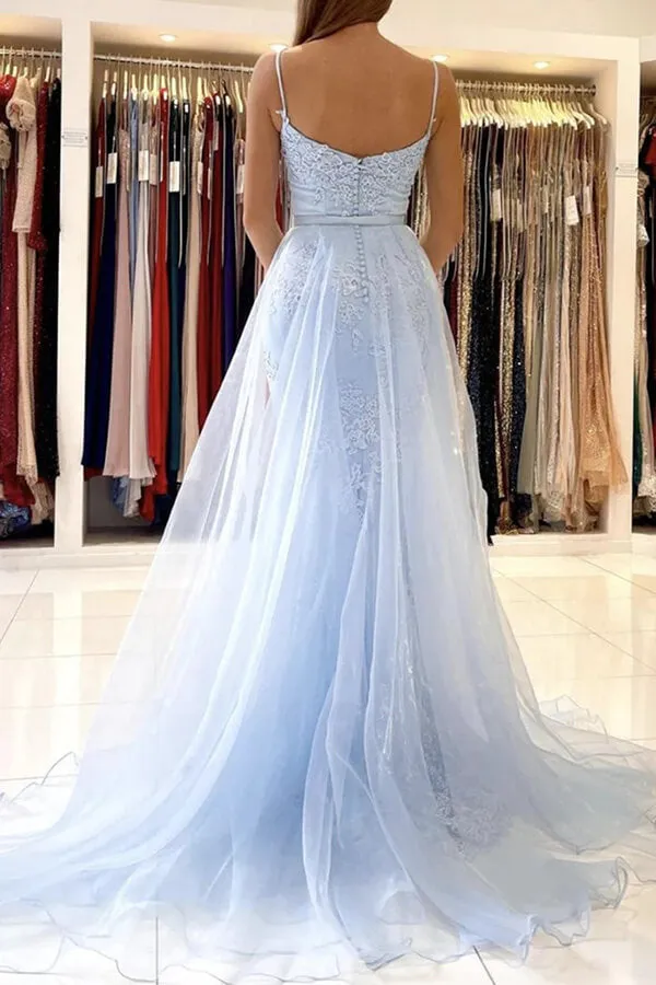 Light Blue Lace Mermaid Spaghetti Straps Prom Dresses, Evening Gown, MP728