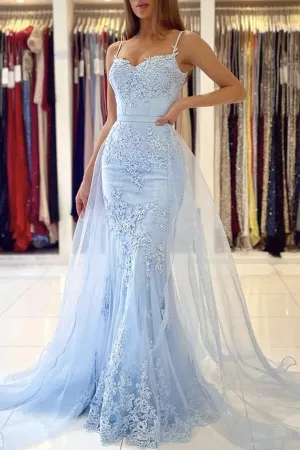 Light Blue Lace Mermaid Spaghetti Straps Prom Dresses, Evening Gown, MP728