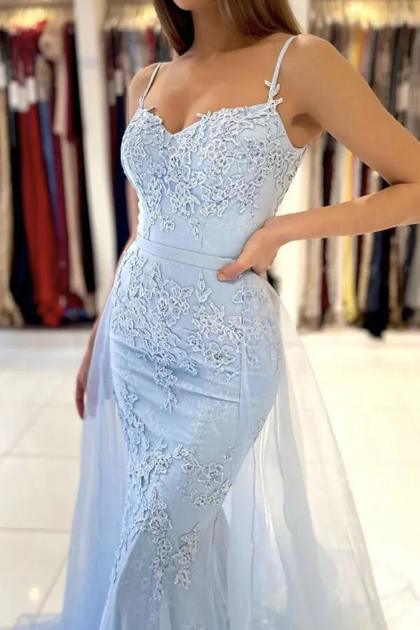Light Blue Lace Mermaid Spaghetti Straps Prom Dresses, Evening Gown, MP728