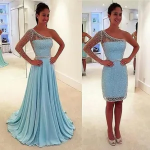 light blue prom dresses long one shoulder beaded elegant detachable skirt prom gown robe de soiree