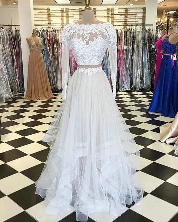 Light Champagne Lace Tulle Prom Dresses with Full Sleeve 2018 Two Piece Prom Party Gowns Ruffles