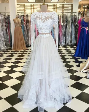 Light Champagne Lace Tulle Prom Dresses with Full Sleeve 2018 Two Piece Prom Party Gowns Ruffles