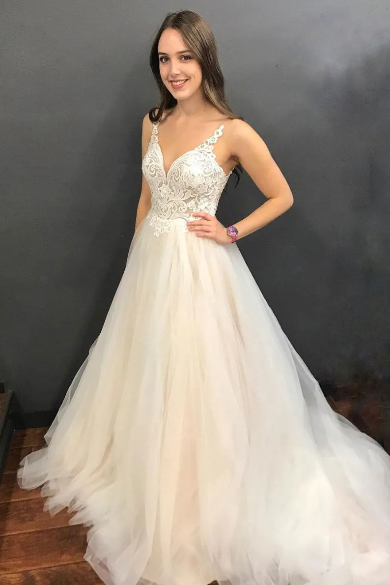 Light champagne tulle lace long prom dress, tulle formal dress