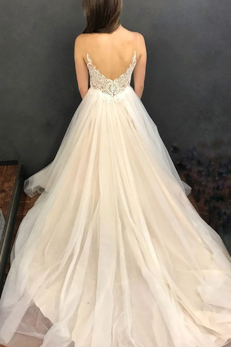Light champagne tulle lace long prom dress, tulle formal dress