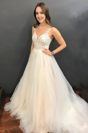Light champagne tulle lace long prom dress, tulle formal dress