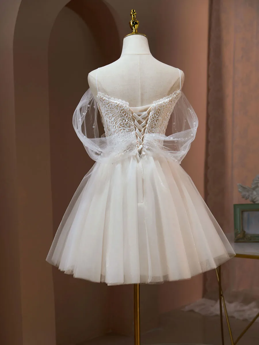 Light Champagne Tulle Lace Short Prom Dresses, Champagne Homecoming Dresses