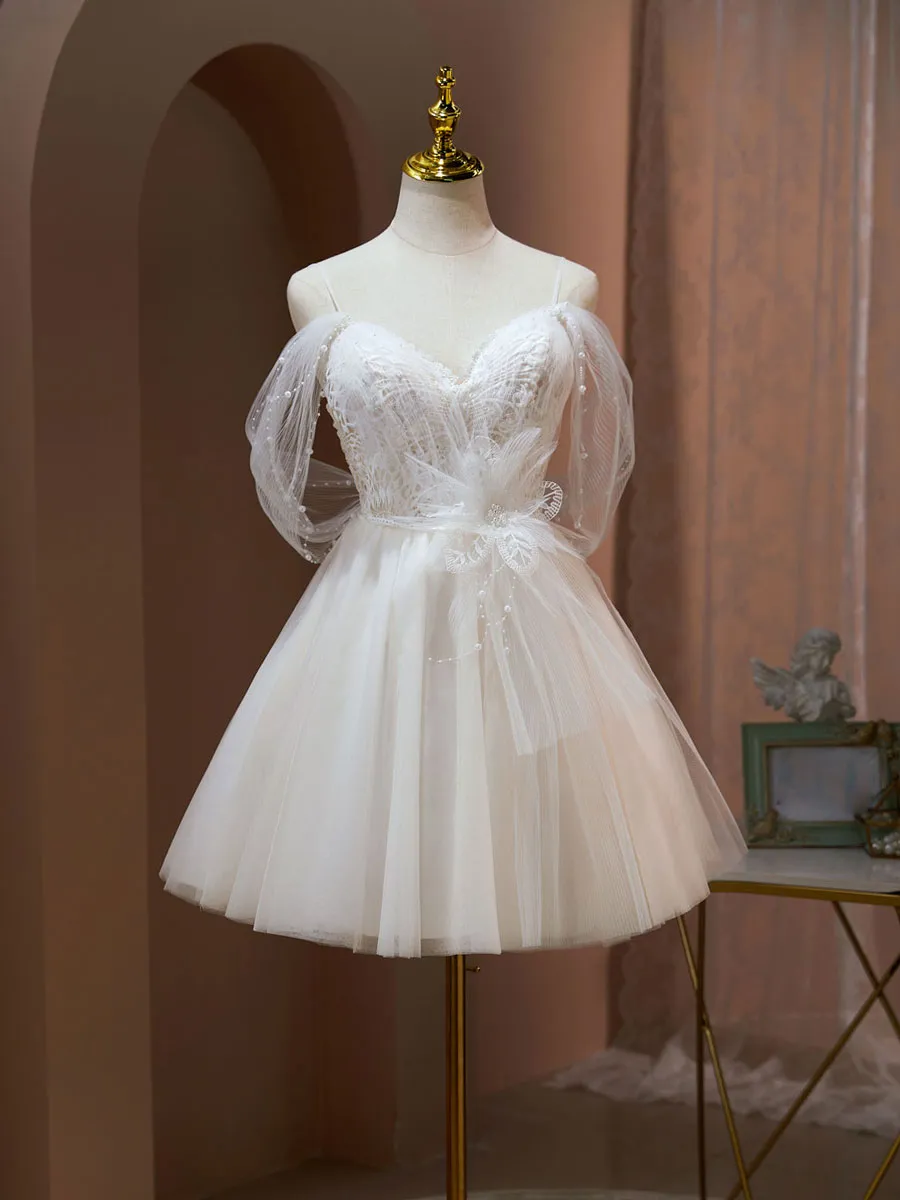 Light Champagne Tulle Lace Short Prom Dresses, Champagne Homecoming Dresses