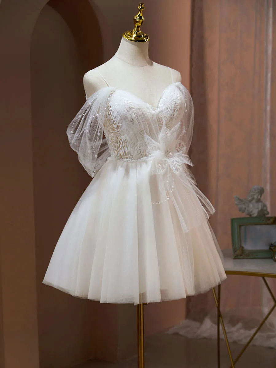 Light Champagne Tulle Lace Short Prom Dresses, Champagne Homecoming Dresses