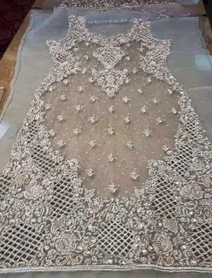 Light gray wedding party dress with silver work dabka perl nagh and cutwork jall Model#P 37