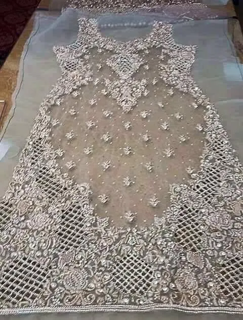 Light gray wedding party dress with silver work dabka perl nagh and cutwork jall Model#P 37