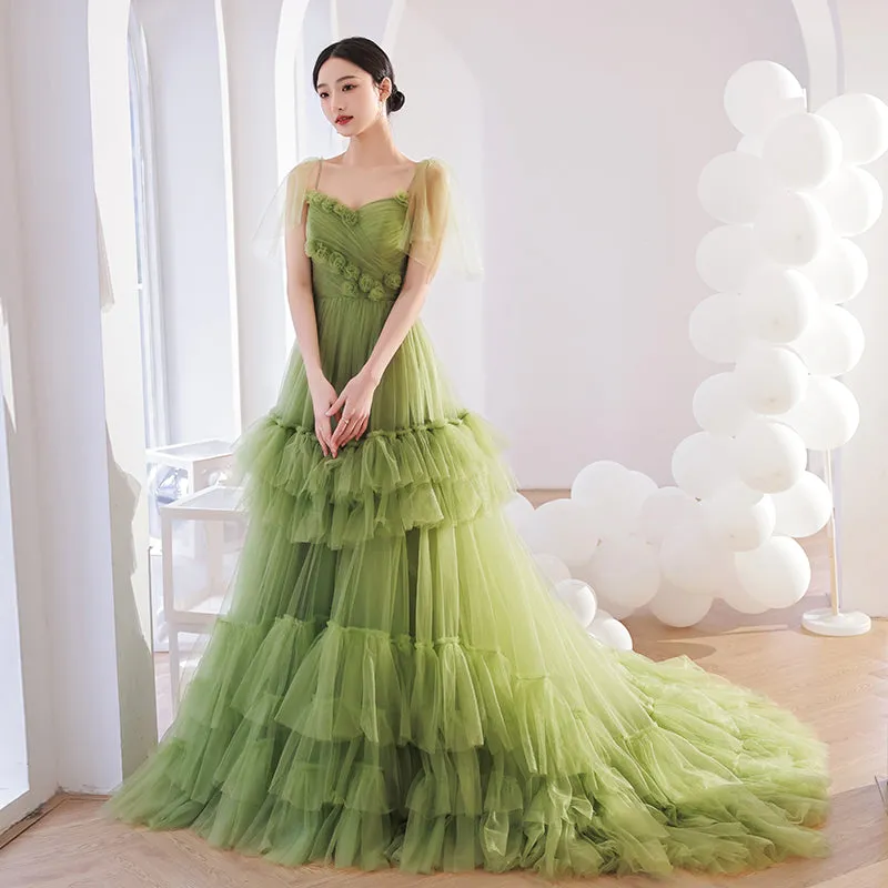Light Green Layers Tulle Sweetheart Long Formal Dresses, Tulle Wedding Party Dresses