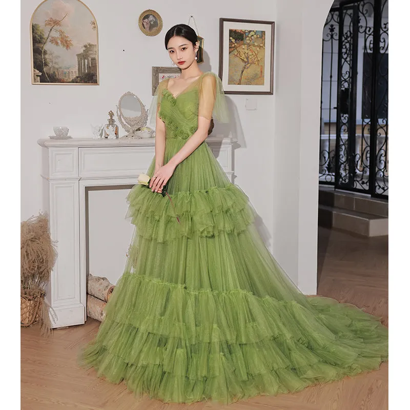 Light Green Layers Tulle Sweetheart Long Formal Dresses, Tulle Wedding Party Dresses
