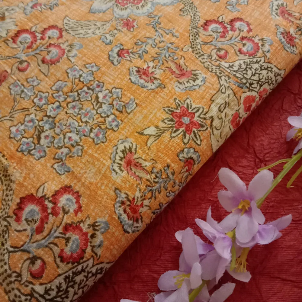 Light Orange Floral Printed Dupion Silk Fabric