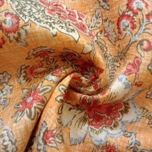 Light Orange Floral Printed Dupion Silk Fabric