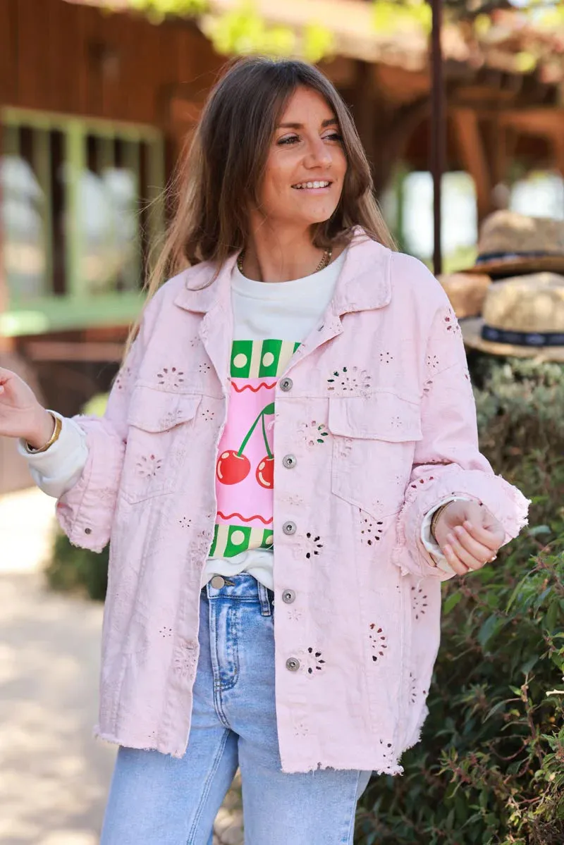 Light Pink Eyelet Motif Utility Jacket