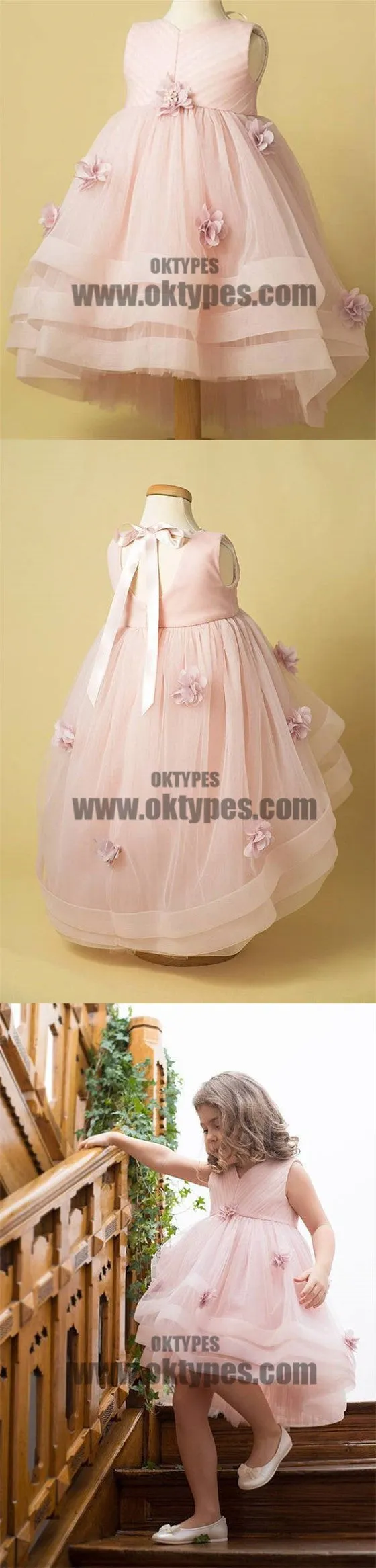 Light Pink Tulle Handmade Flower Little Girl Dresses, Cheap Flower Girl Dresses, TYP0691