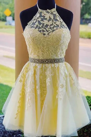 Light Yellow Lace Beaded A-line High Neck Homecoming Dresses, MH535