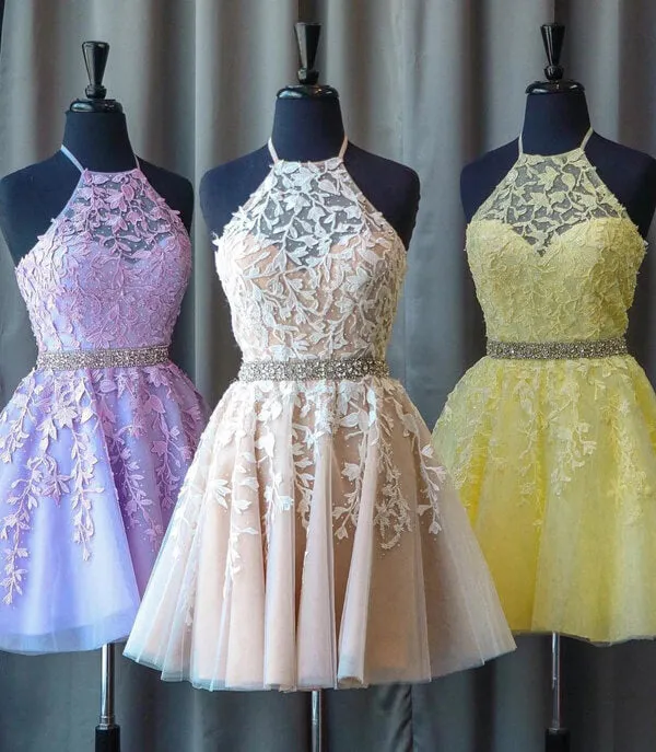 Light Yellow Lace Beaded A-line High Neck Homecoming Dresses, MH535