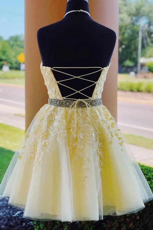 Light Yellow Lace Beaded A-line High Neck Homecoming Dresses, MH535