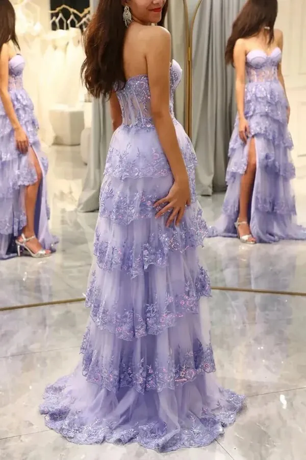 Lilac Tulle Layered A-line Sweetheart Lace Appliques Prom Dresses with Slit, MP993