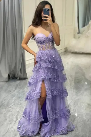 Lilac Tulle Layered A-line Sweetheart Lace Appliques Prom Dresses with Slit, MP993