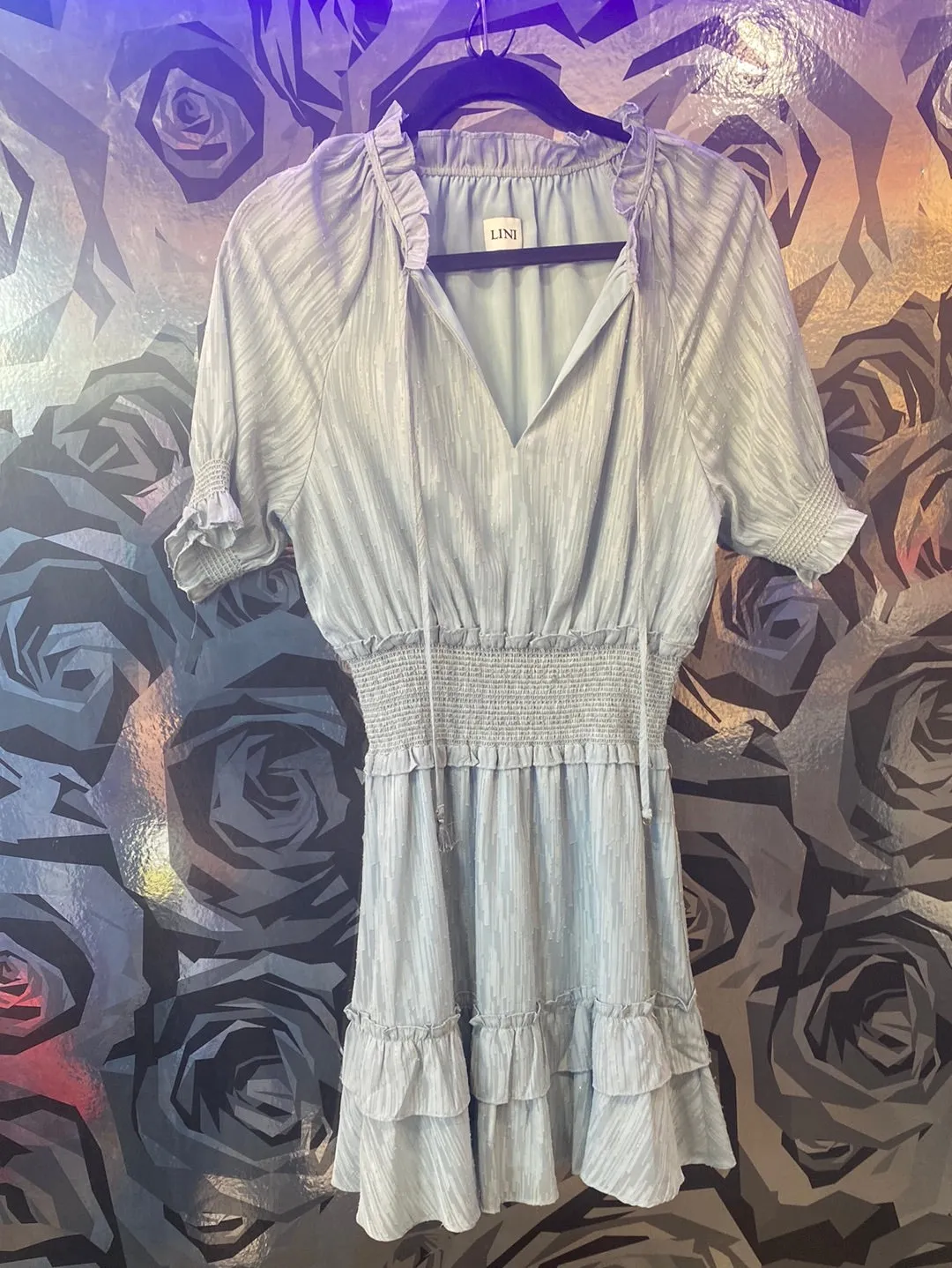 LINI Light Blue Smocked Ruffle Trim Short Sleeve Dress