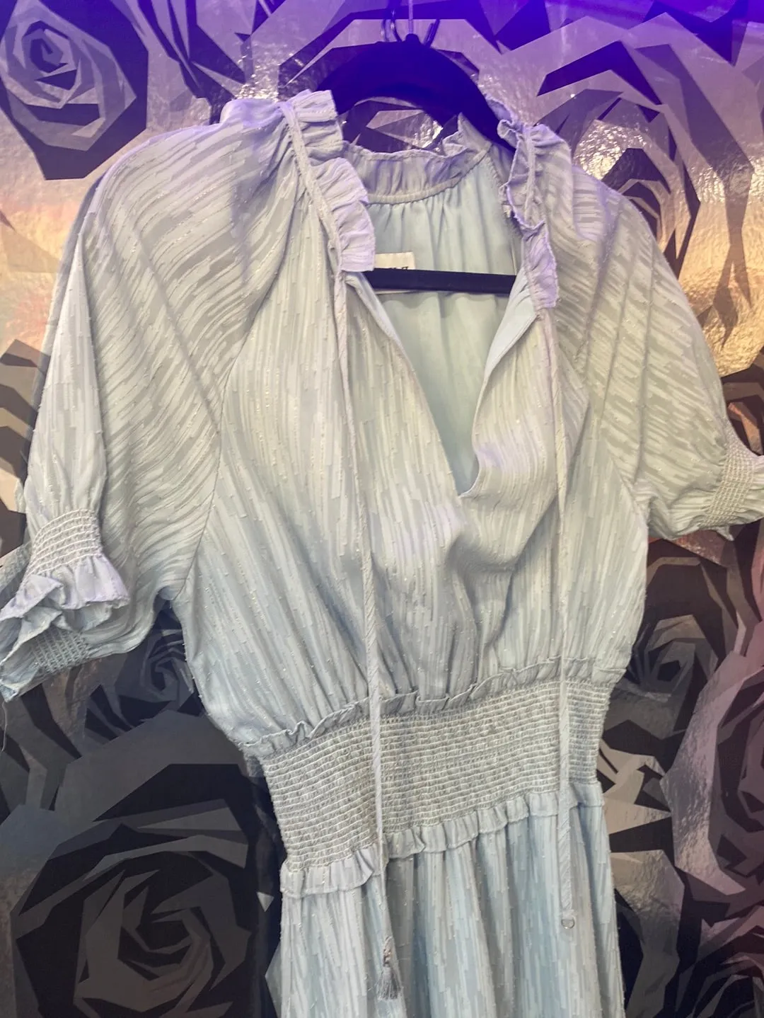 LINI Light Blue Smocked Ruffle Trim Short Sleeve Dress