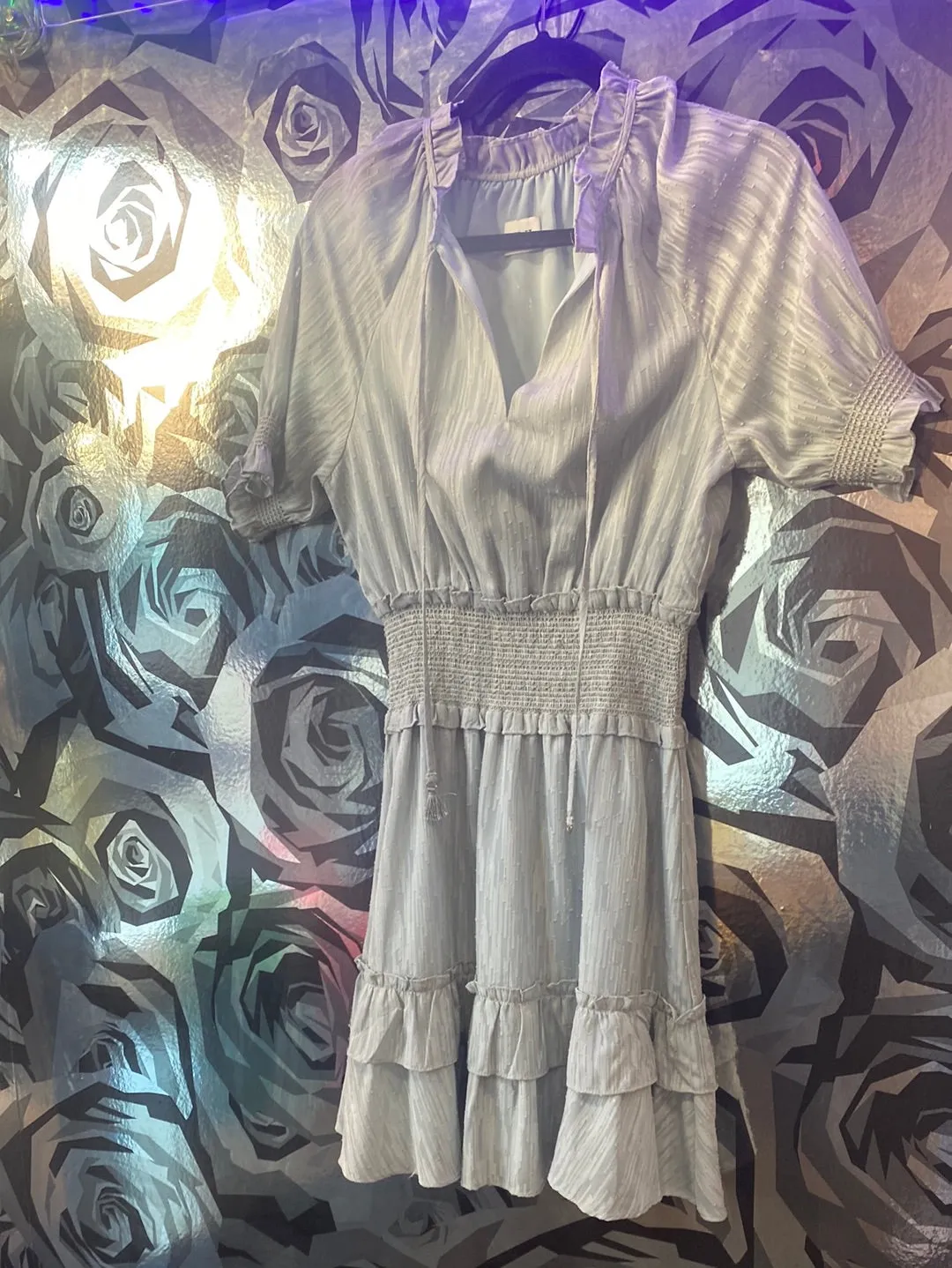 LINI Light Blue Smocked Ruffle Trim Short Sleeve Dress