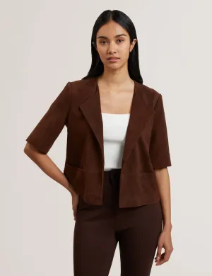 Lisanth Short Sleeve Suede Open Front Jacket Dk-Brown