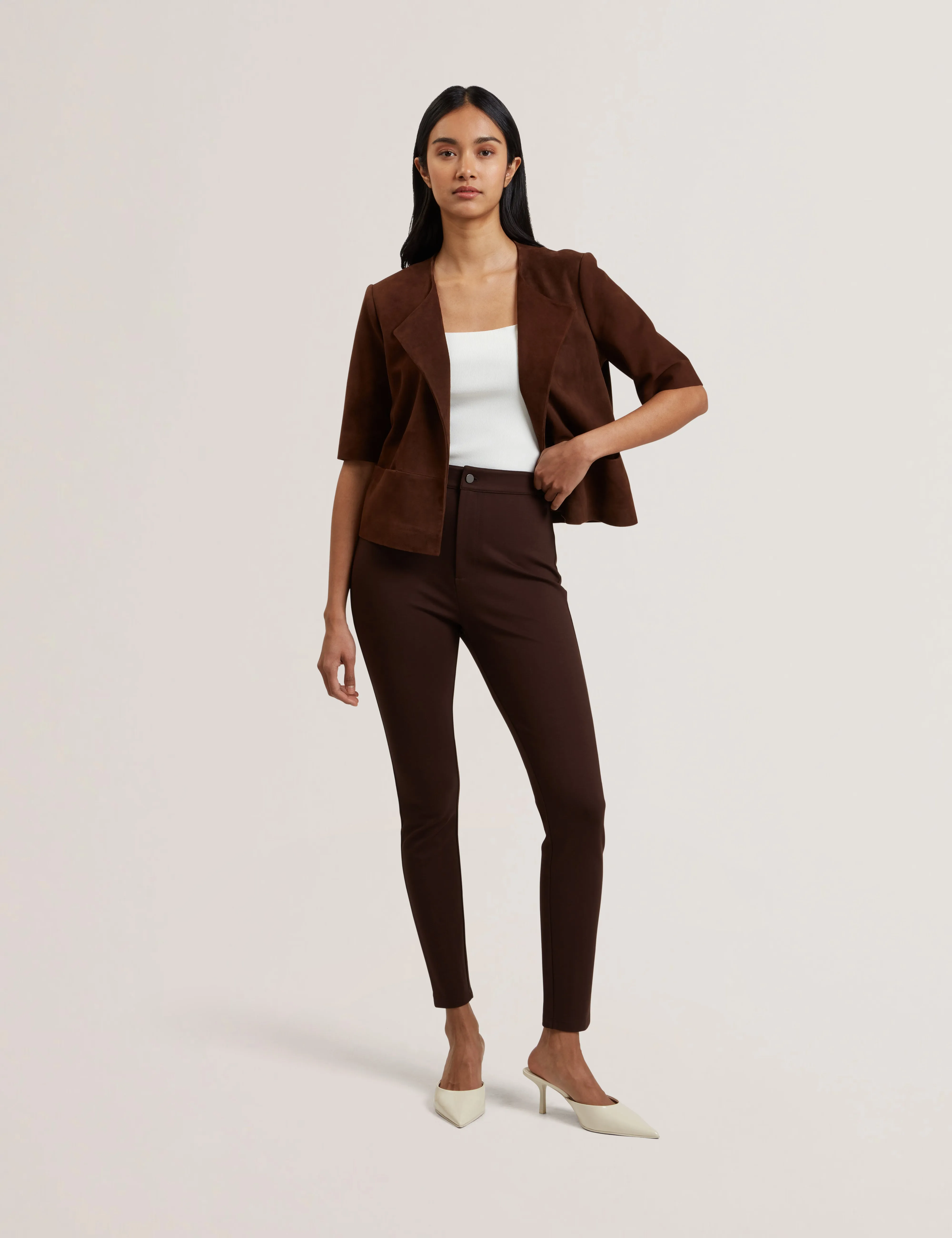 Lisanth Short Sleeve Suede Open Front Jacket Dk-Brown
