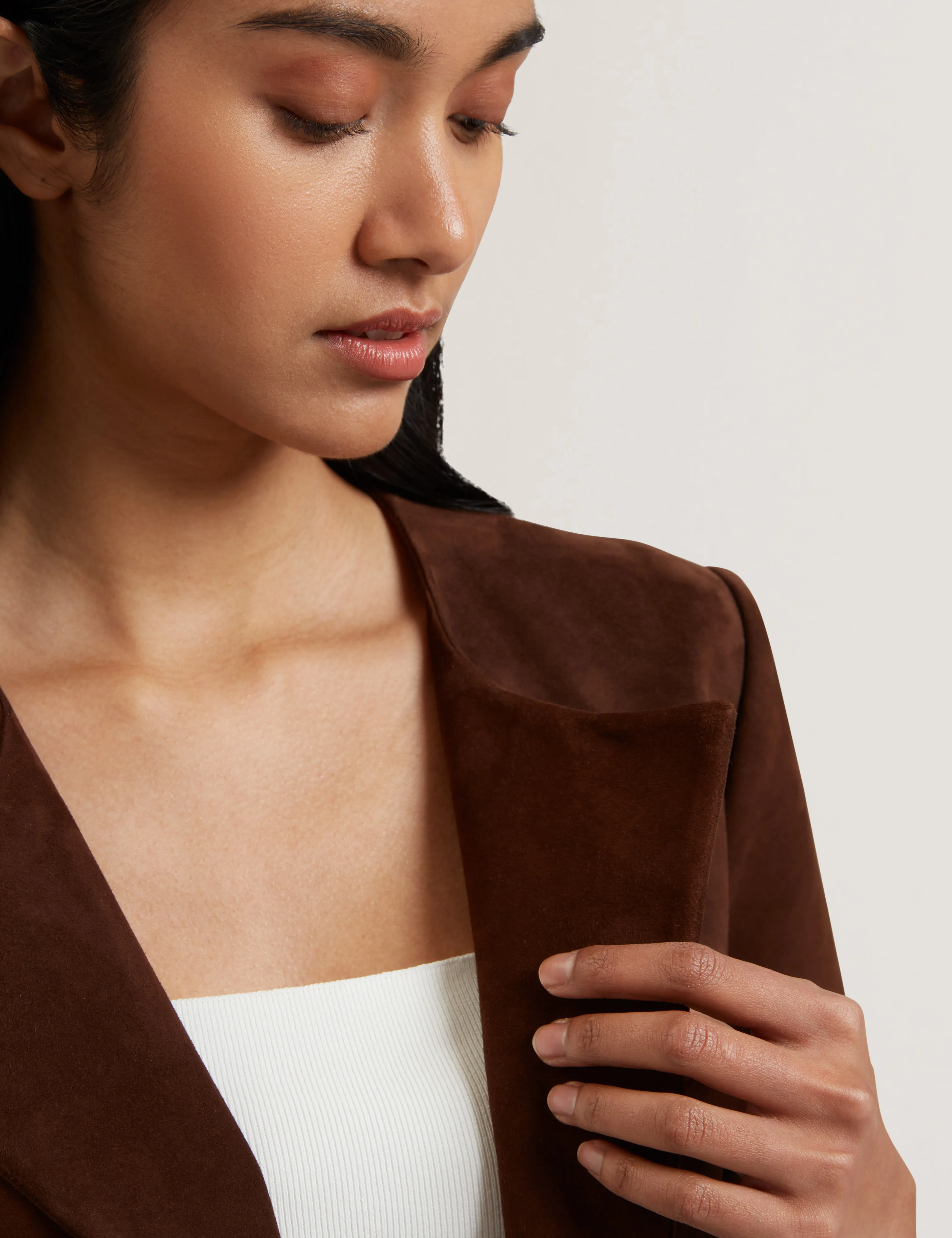 Lisanth Short Sleeve Suede Open Front Jacket Dk-Brown